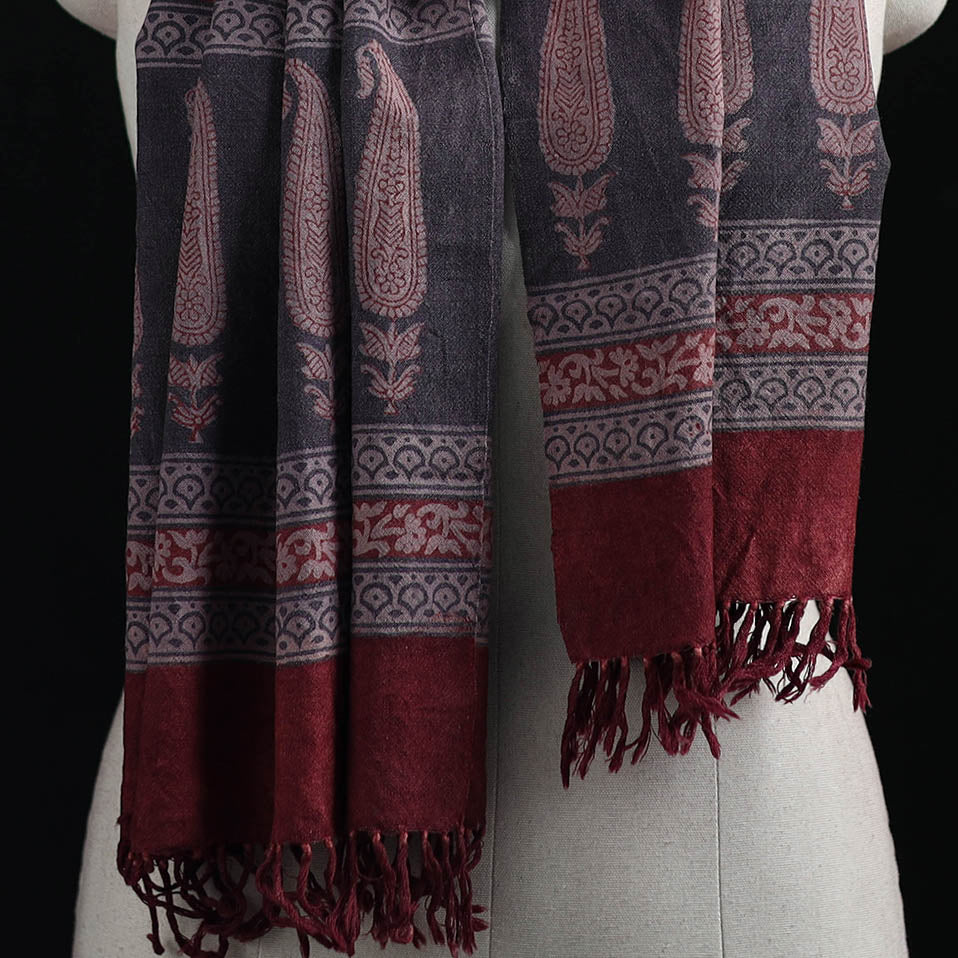 Handwoven Merino Wool Natural Dyed Hand Block Bagh Print Stole 08