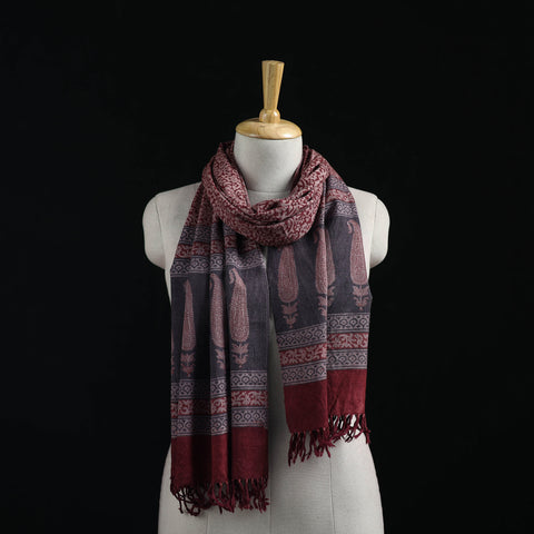 Handwoven Merino Wool Natural Dyed Hand Block Bagh Print Stole 08