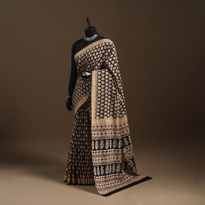 Black - mul cotton hand bagru saree 14 - handcrafted