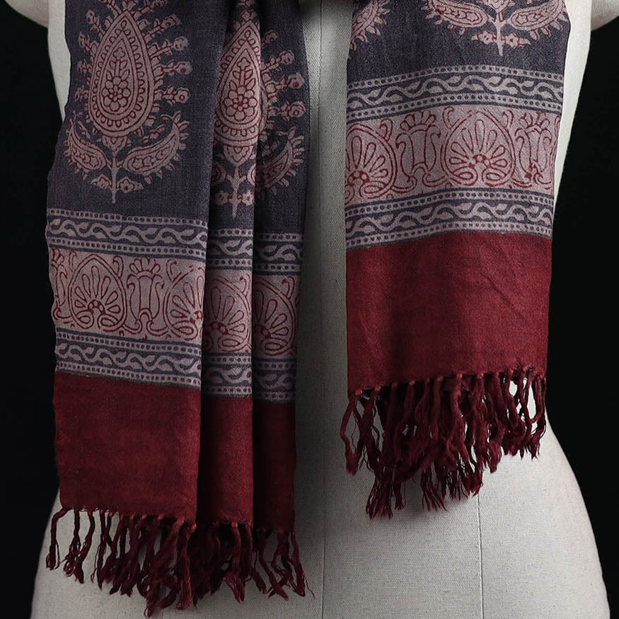Handwoven Merino Wool Natural Dyed Hand Block Bagh Print Stole 09