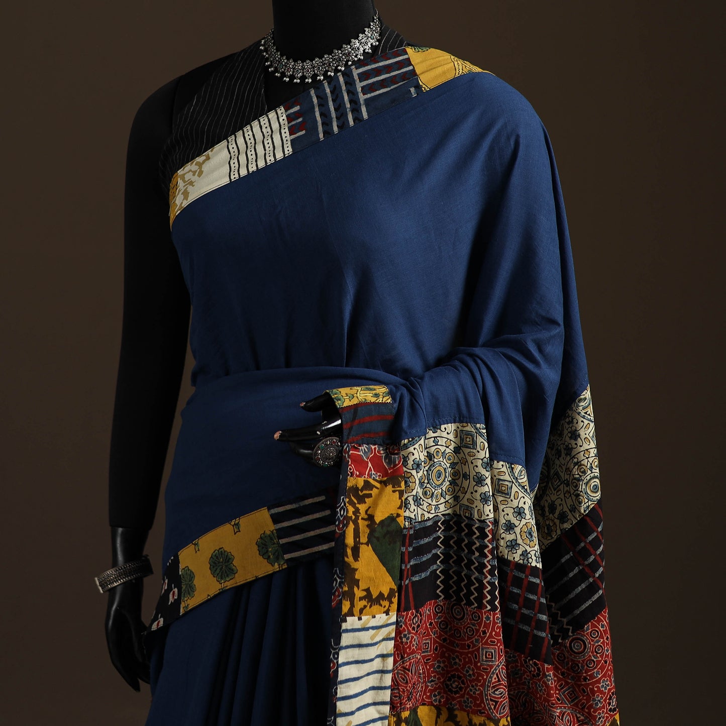 Ajrakh Hand Block Print Patchwork Pure Mul Cotton Saree 14