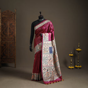Purple - Madhubani Handpainted Pure Ghicha Tussar Silk Handloom Saree 03