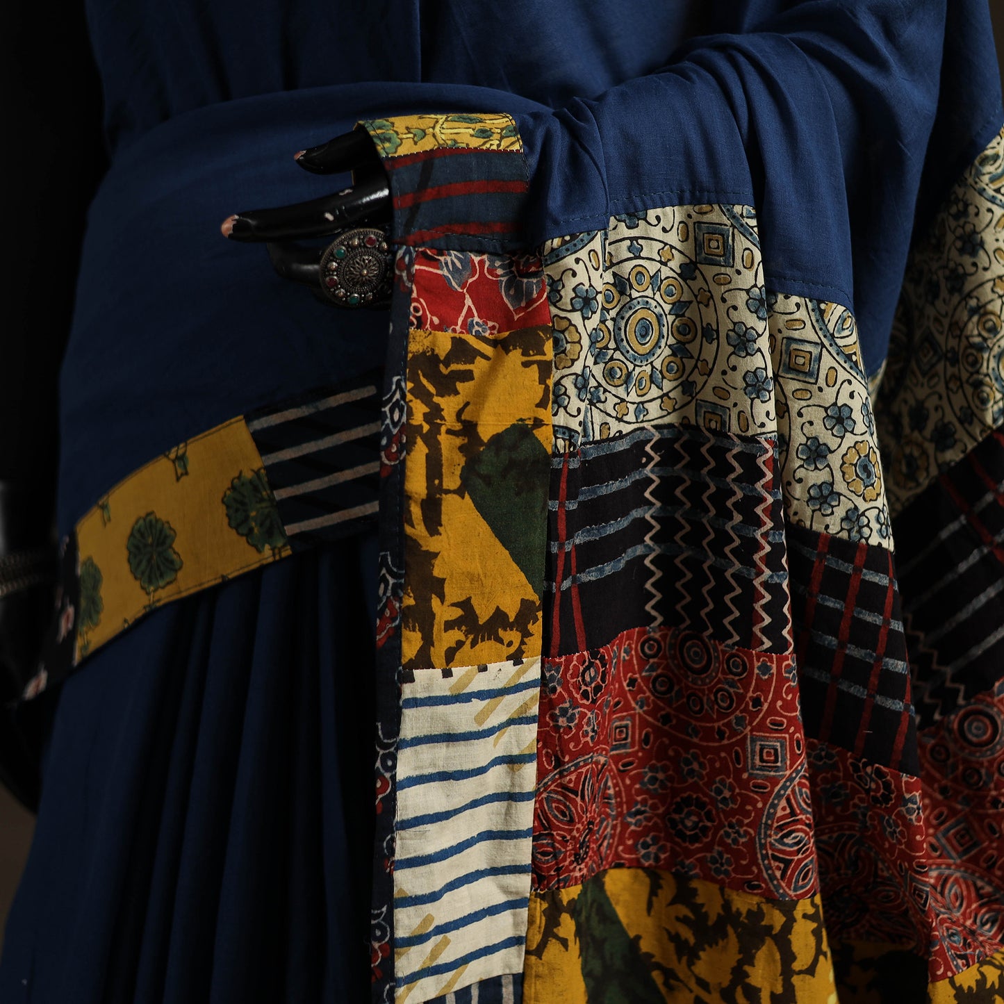 Ajrakh Hand Block Print Patchwork Pure Mul Cotton Saree 14