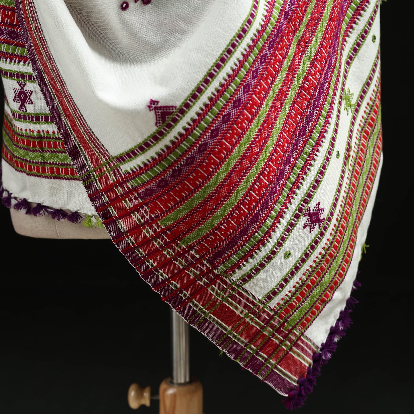 Kutch Handwoven Mirror Work Chomuk Buta Acrylic Wool Shawl 04