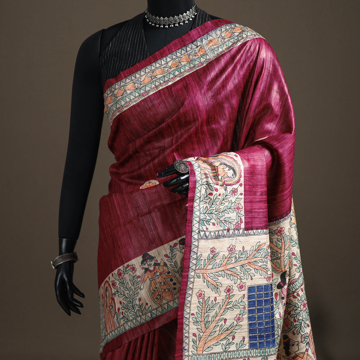 Purple - Madhubani Handpainted Pure Ghicha Tussar Silk Handloom Saree 03