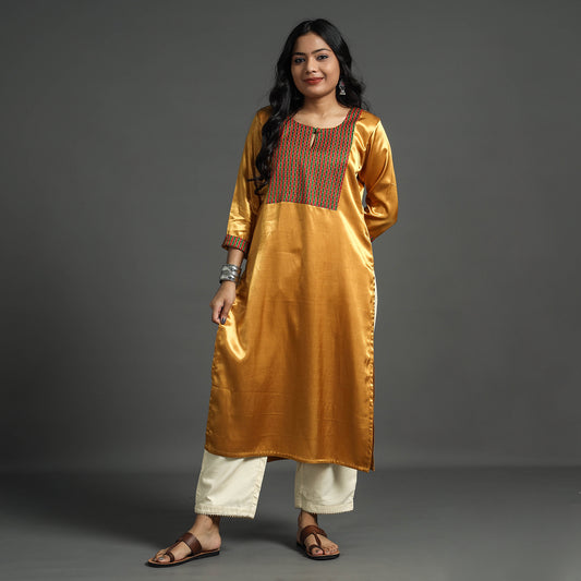 Brown - Golden - Plain Mashru Silk with Patchwork Straight Kurta