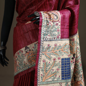 Purple - Madhubani Handpainted Pure Ghicha Tussar Silk Handloom Saree 03
