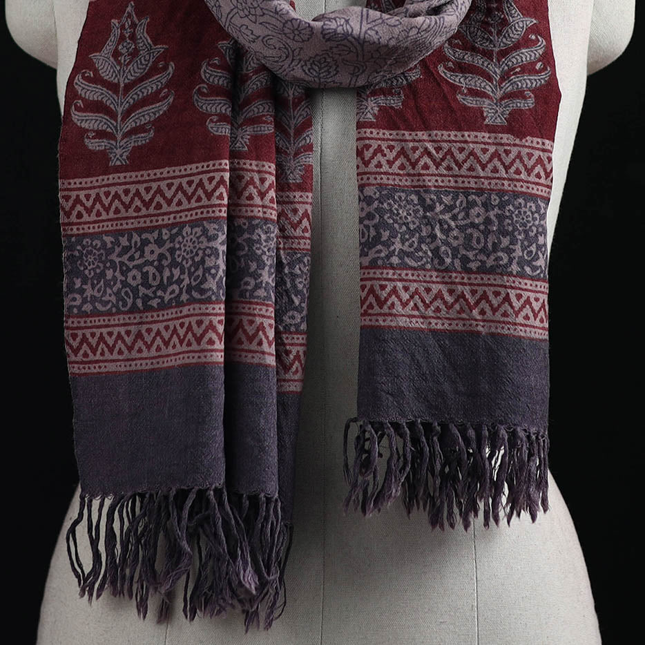 Handwoven Merino Wool Natural Dyed Hand Block Bagh Print Stole 12