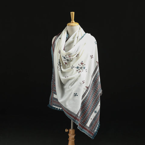 White - Kutch Handwoven Mirror Work Chomuk Buta Acrylic Wool Shawl 05