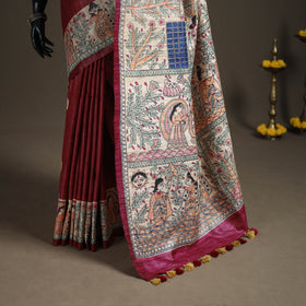 Purple - Madhubani Handpainted Pure Ghicha Tussar Silk Handloom Saree 03