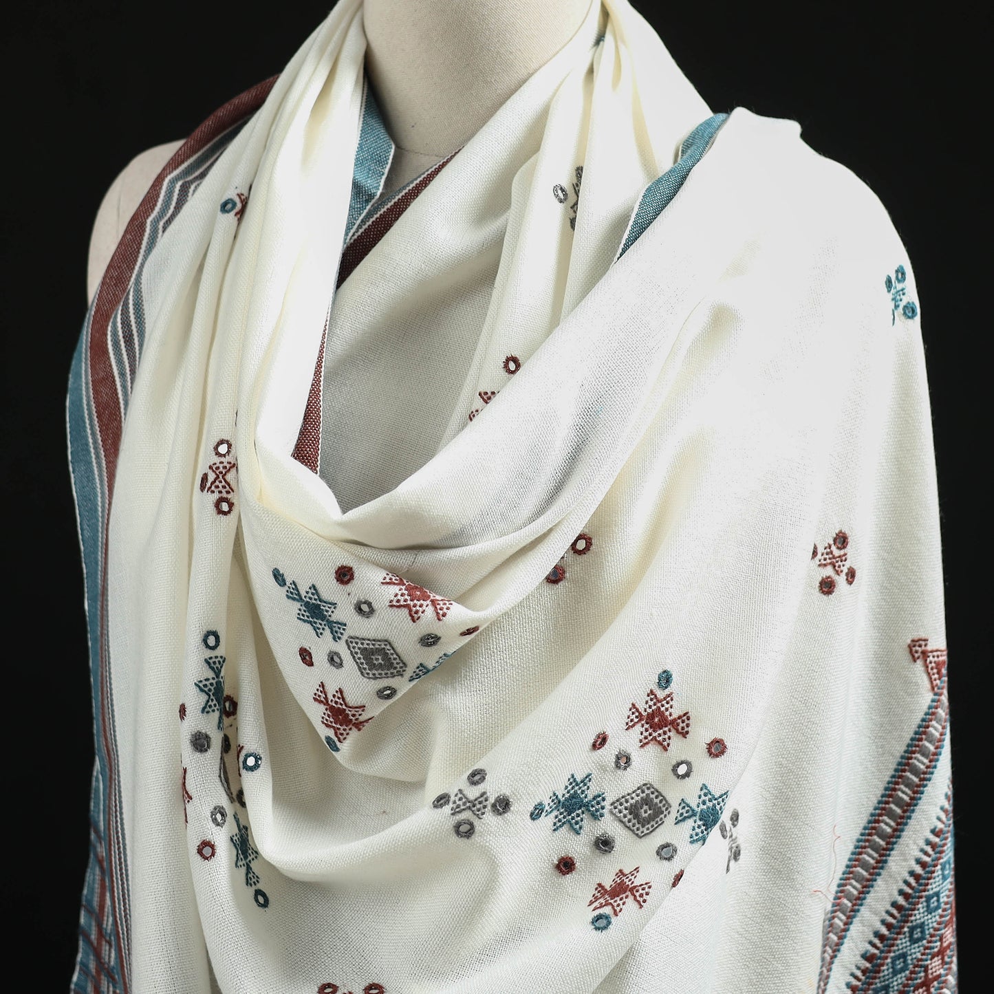 Kutch Handwoven Mirror Work Chomuk Buta Acrylic Wool Shawl 05