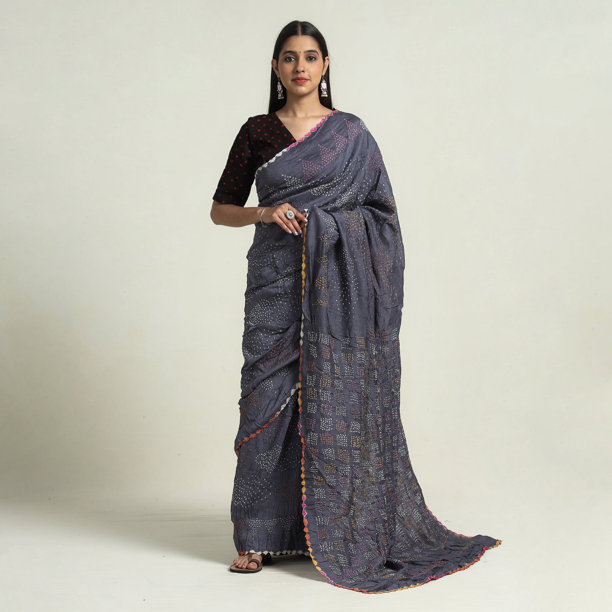 Buy Satrani Grey & Navy Bandhani Print Saree With Unstitched Blouse for  Women Online @ Tata CLiQ