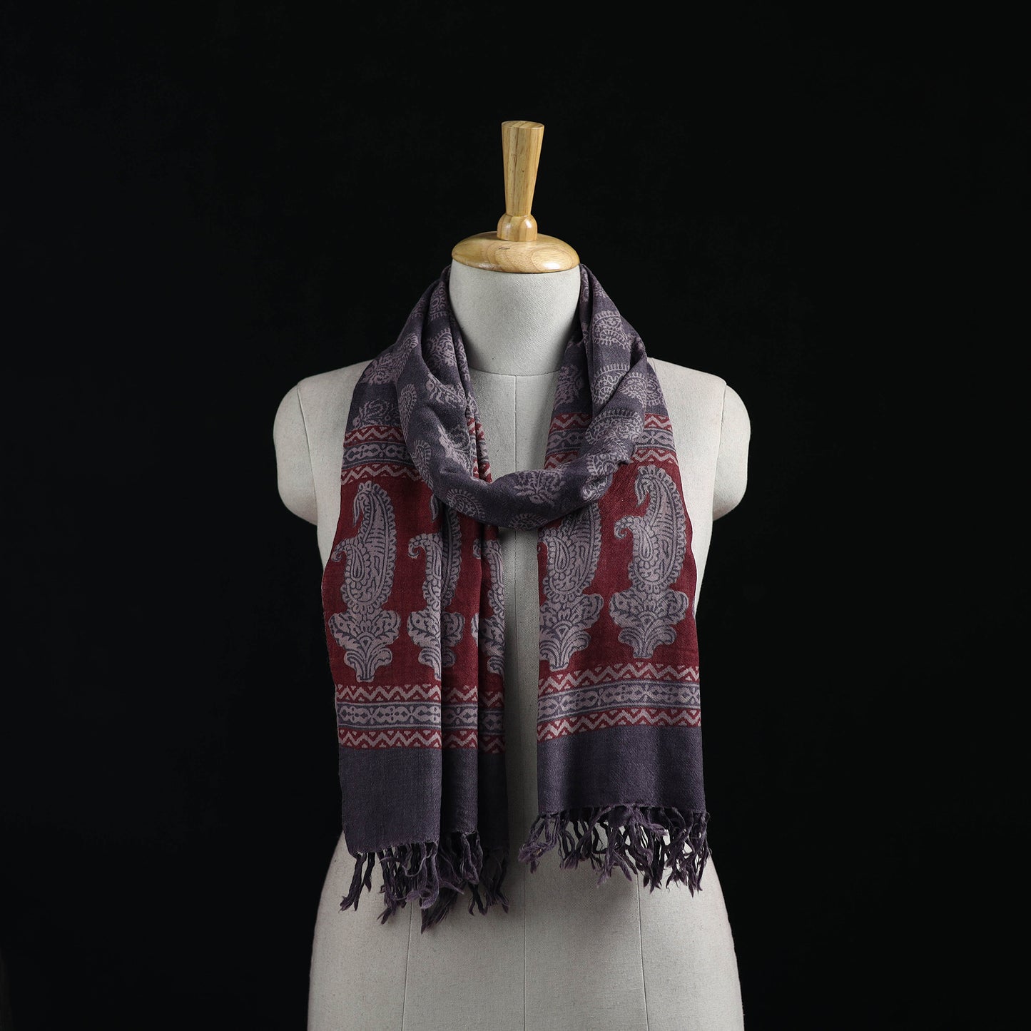 Handwoven Merino Wool Natural Dyed Hand Block Bagh Print Stole 14