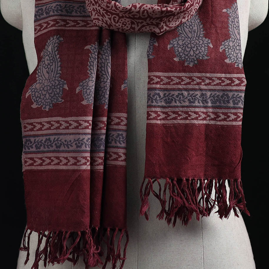 Handwoven Merino Wool Natural Dyed Hand Block Bagh Print Stole 15