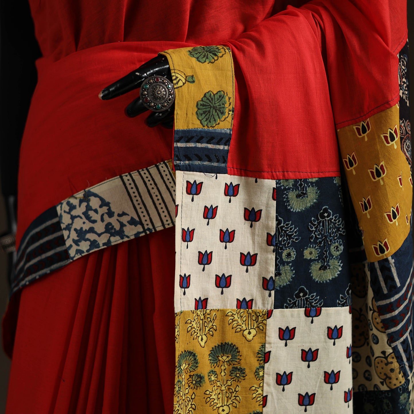 Ajrakh Hand Block Print Patchwork Pure Mul Cotton Saree 15