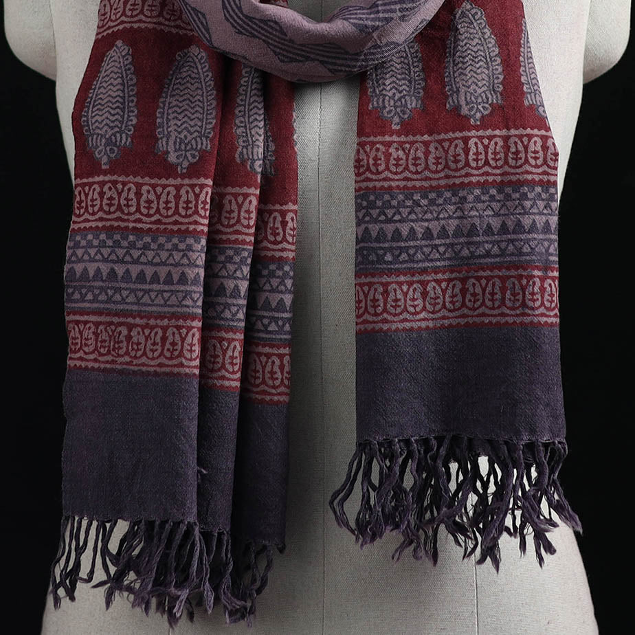 Handwoven Merino Wool Natural Dyed Hand Block Bagh Print Stole 16