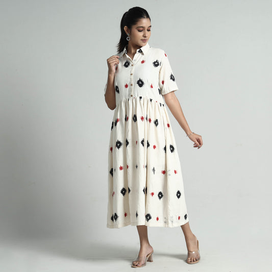 White - Pochampally Double Ikat Weave Cotton Dress