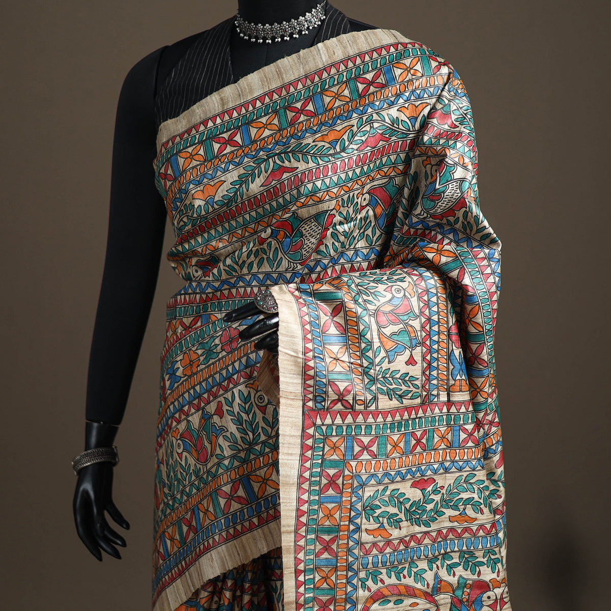 Multicolor - Madhubani Handpainted Pure Ghicha Tussar Silk Handloom Saree 04