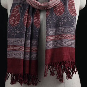 Handwoven Merino Wool Natural Dyed Hand Block Bagh Print Stole 17