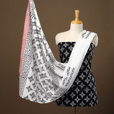 Buy Black 3pc Sanganeri Block Print Cotton Dress Material