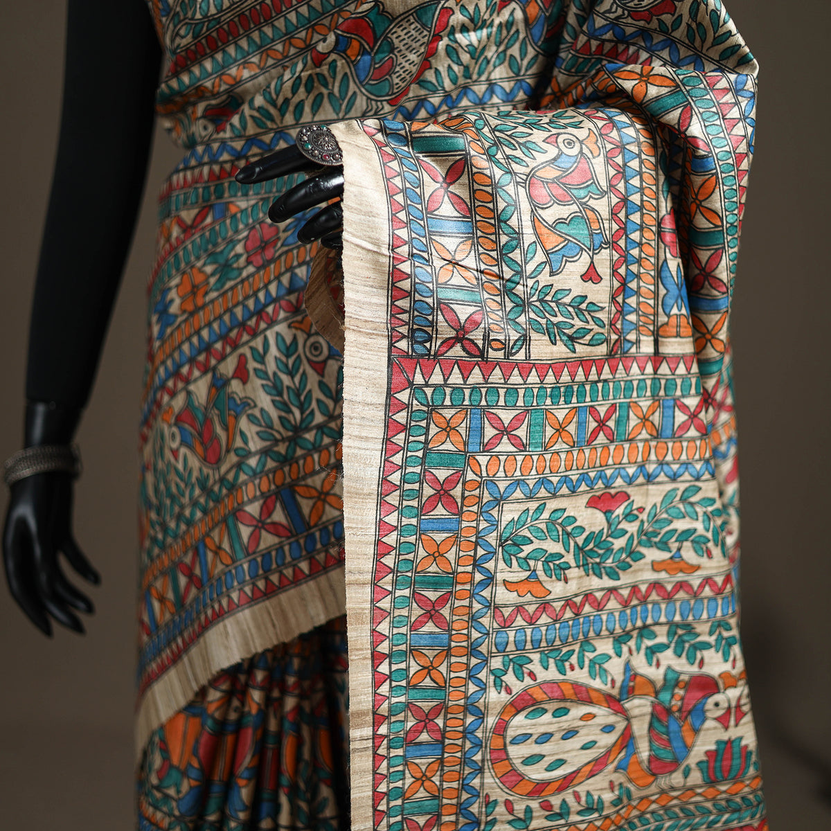 Multicolor - Madhubani Handpainted Pure Ghicha Tussar Silk Handloom Saree 04