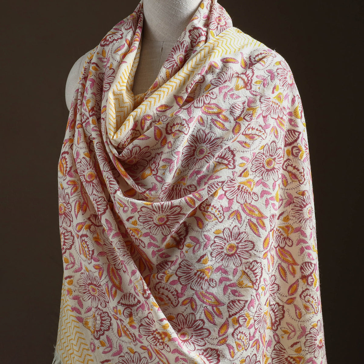 Floral Sanganeri Print Pure Merino Wool Handwoven Shawl 02