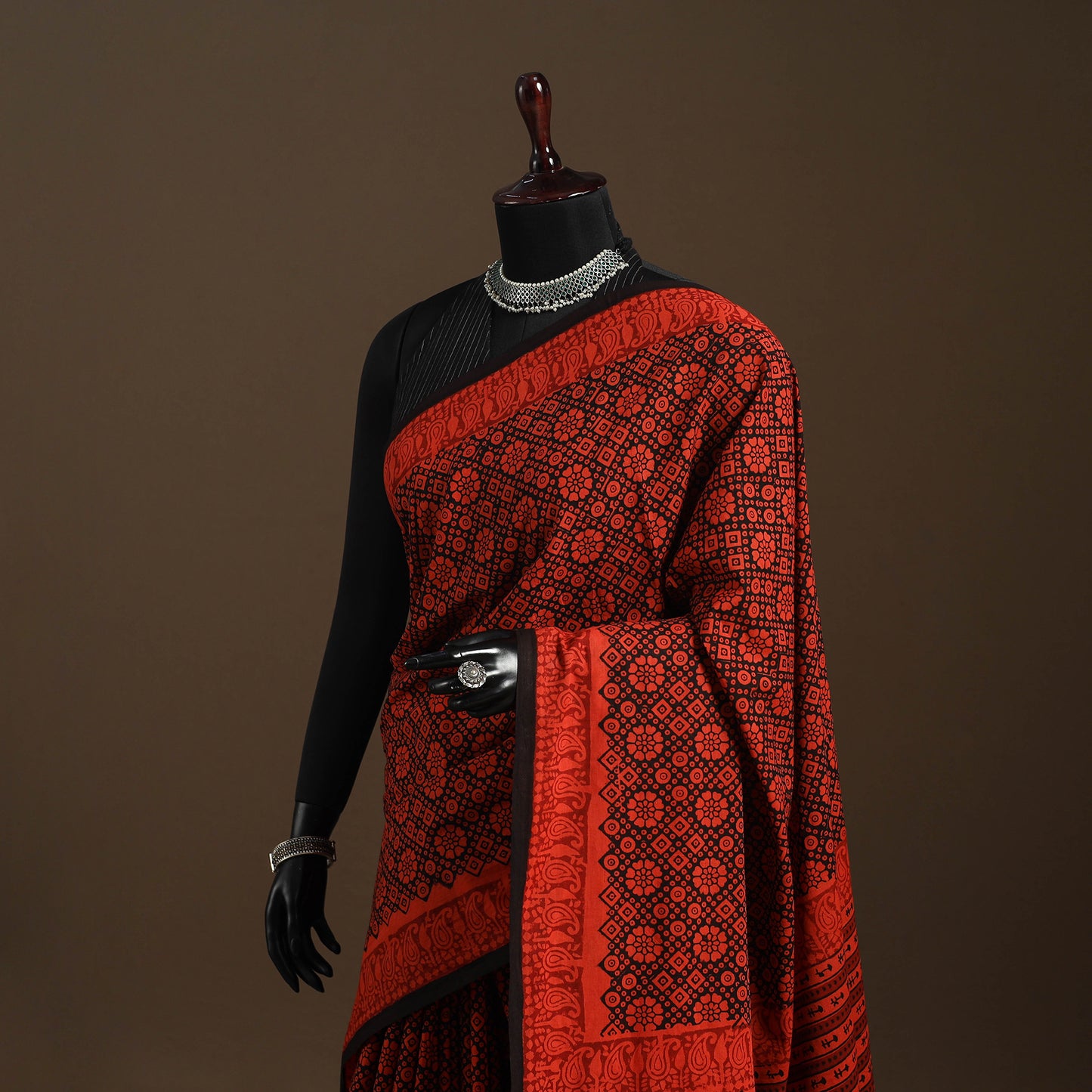 Red - mul cotton hand bagru saree 15 - handcrafted