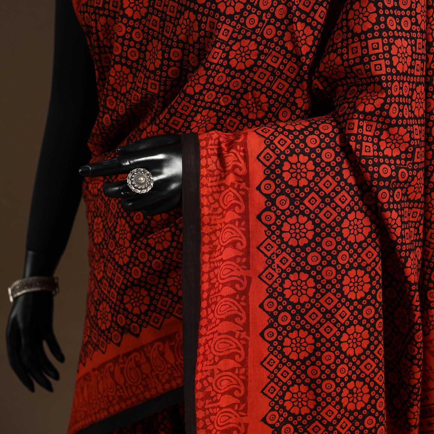 Red - mul cotton hand bagru saree 15 - handcrafted