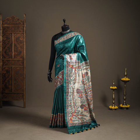 Green - Madhubani Handpainted Pure Ghicha Tussar Silk Handloom Saree 05