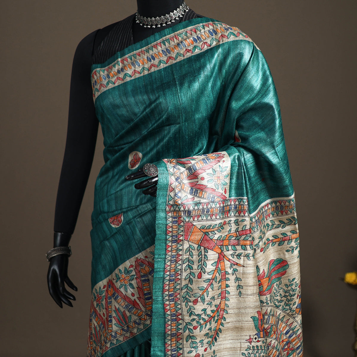 Green - Madhubani Handpainted Pure Ghicha Tussar Silk Handloom Saree 05