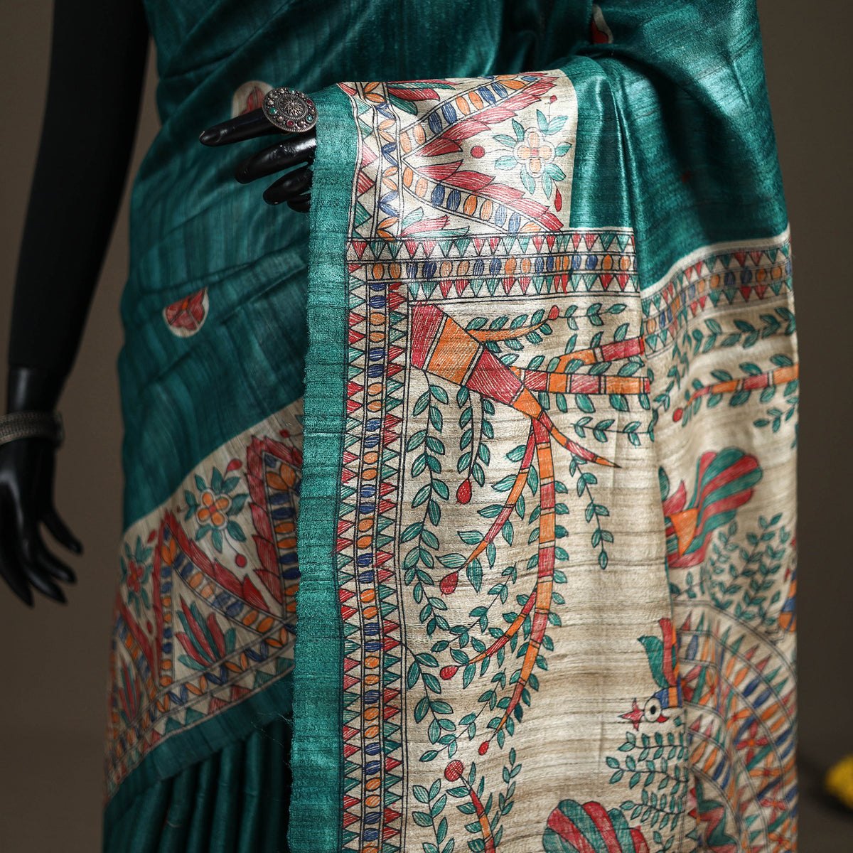 Green - Madhubani Handpainted Pure Ghicha Tussar Silk Handloom Saree 05