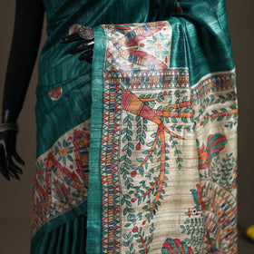 Green - Madhubani Handpainted Pure Ghicha Tussar Silk Handloom Saree 05