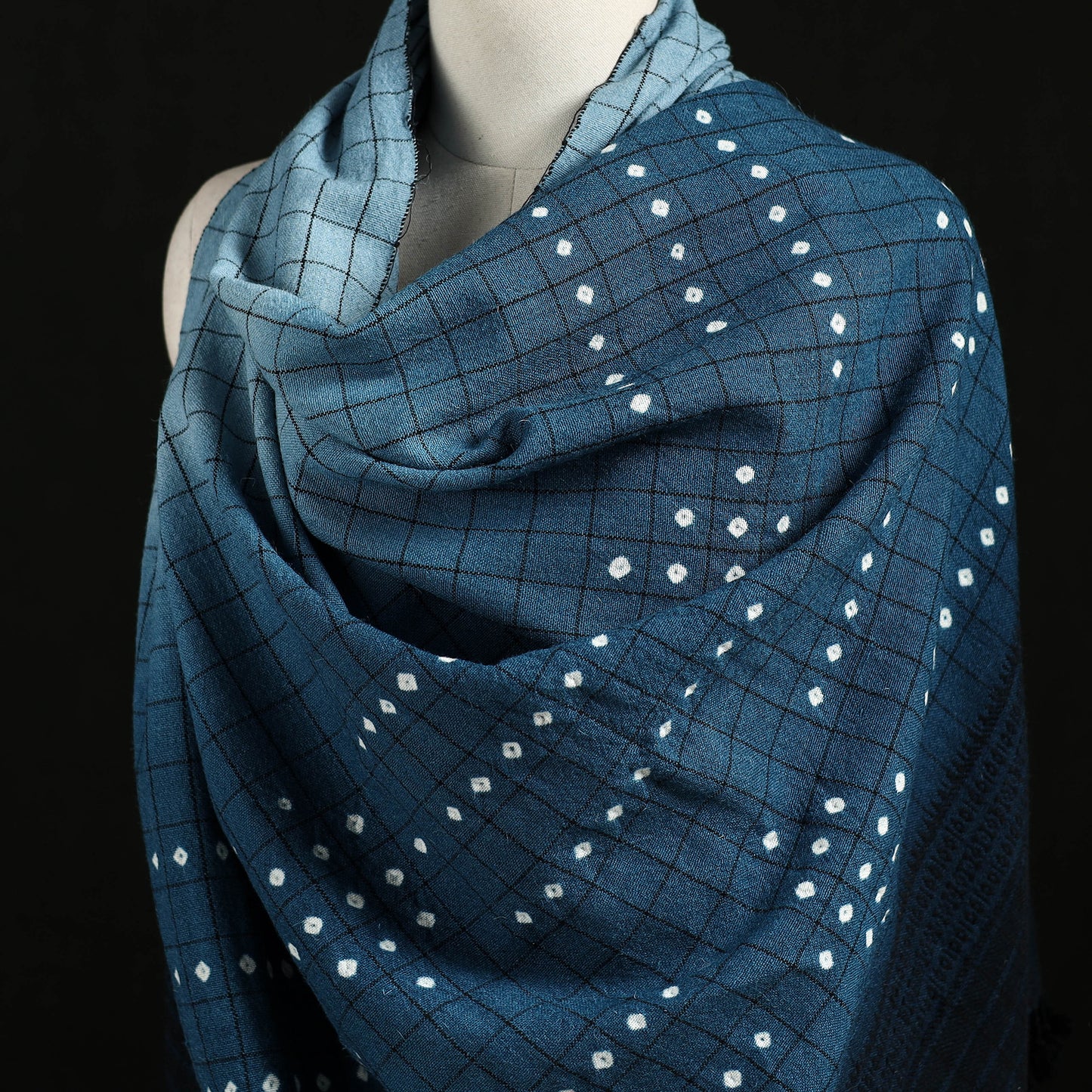 Kutch Handwoven Clamp Dyed Checks Bandhani Merino Wool Shawl 11