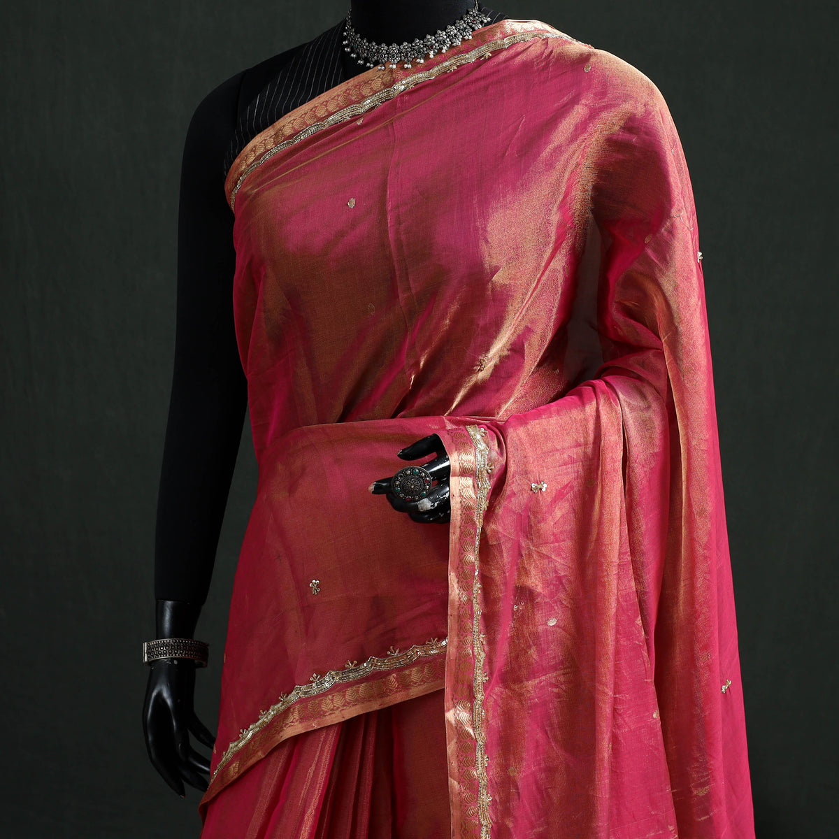 Pure Handloom Tissue Zari Buti Bead Work Katan Silk Chanderi Saree 02