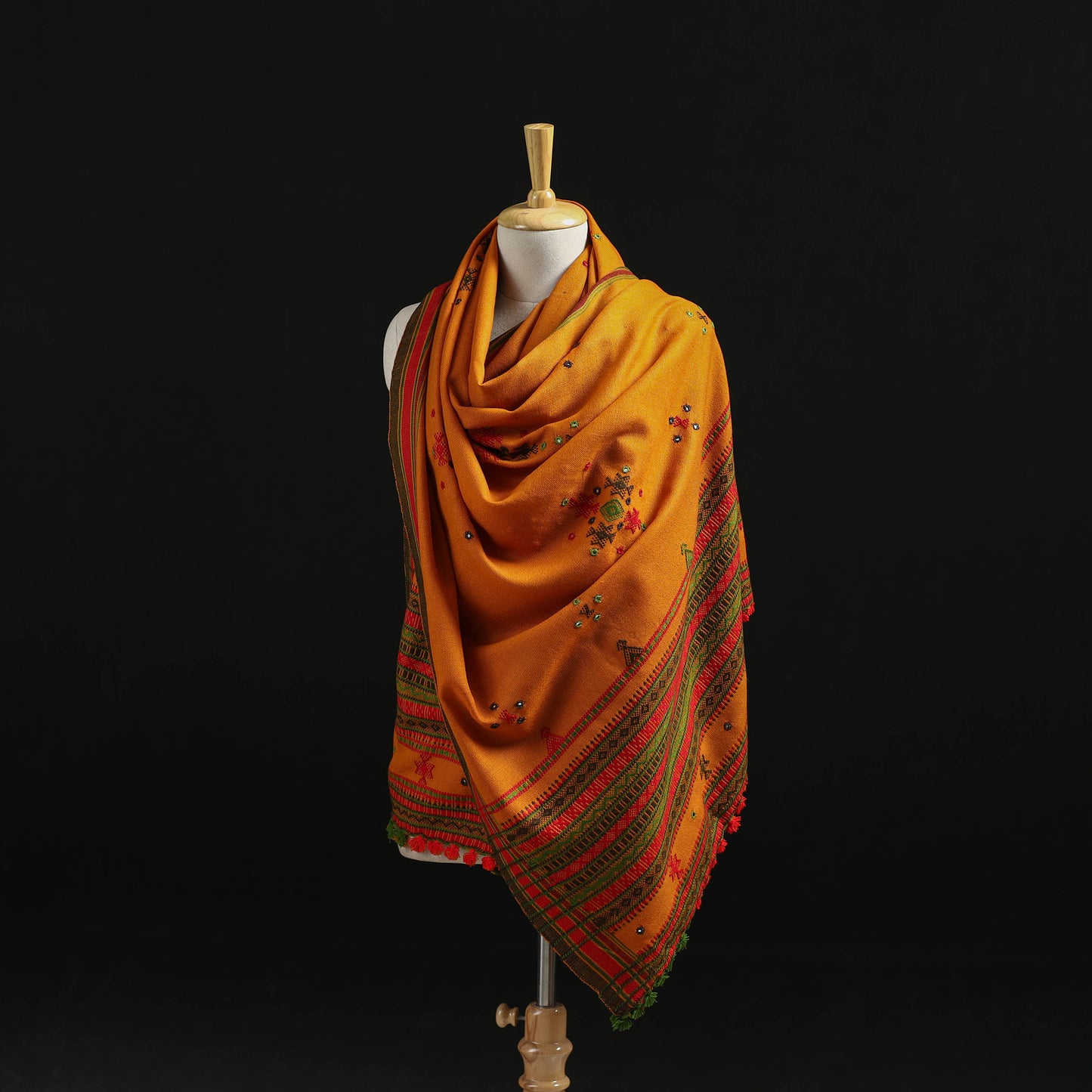 Kutch Handwoven Mirror Work Chomuk Buta Acrylic Wool Shawl 08