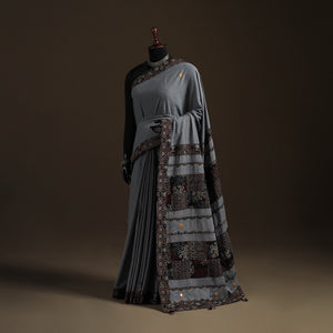 Ajrakh Hand Block Print Tagai & Mirror Patchwork Pure Mul Cotton Saree 08