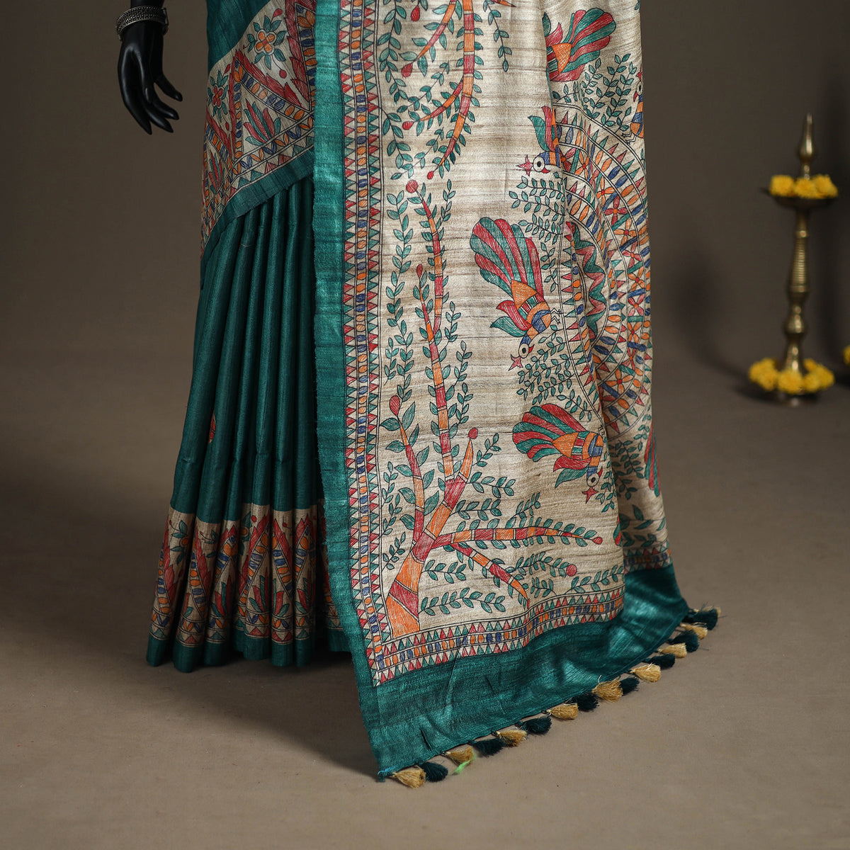 Green - Madhubani Handpainted Pure Ghicha Tussar Silk Handloom Saree 05