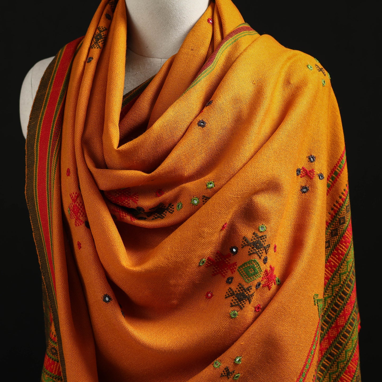 Kutch Handwoven Mirror Work Chomuk Buta Acrylic Wool Shawl 08