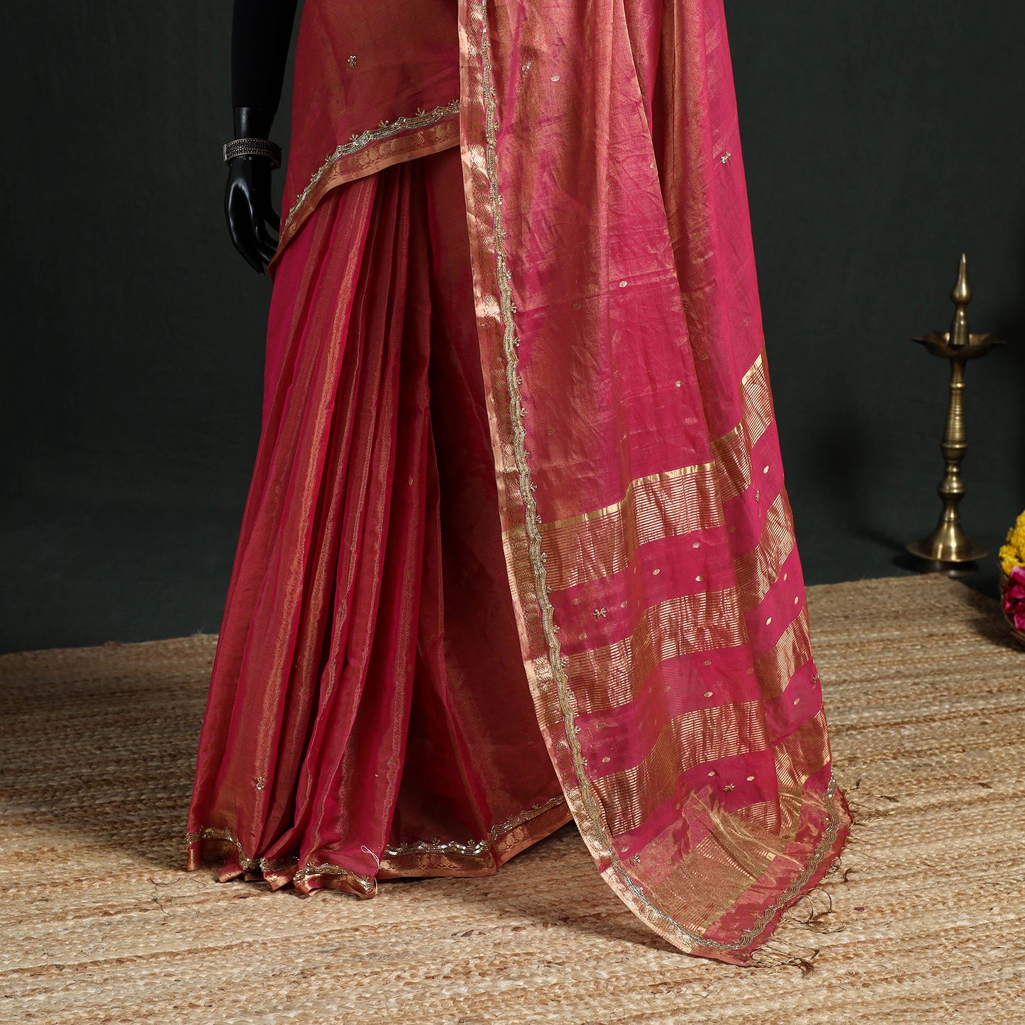 Pure Handloom Tissue Zari Buti Bead Work Katan Silk Chanderi Saree 02