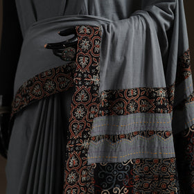 Ajrakh Hand Block Print Tagai & Mirror Patchwork Pure Mul Cotton Saree 08