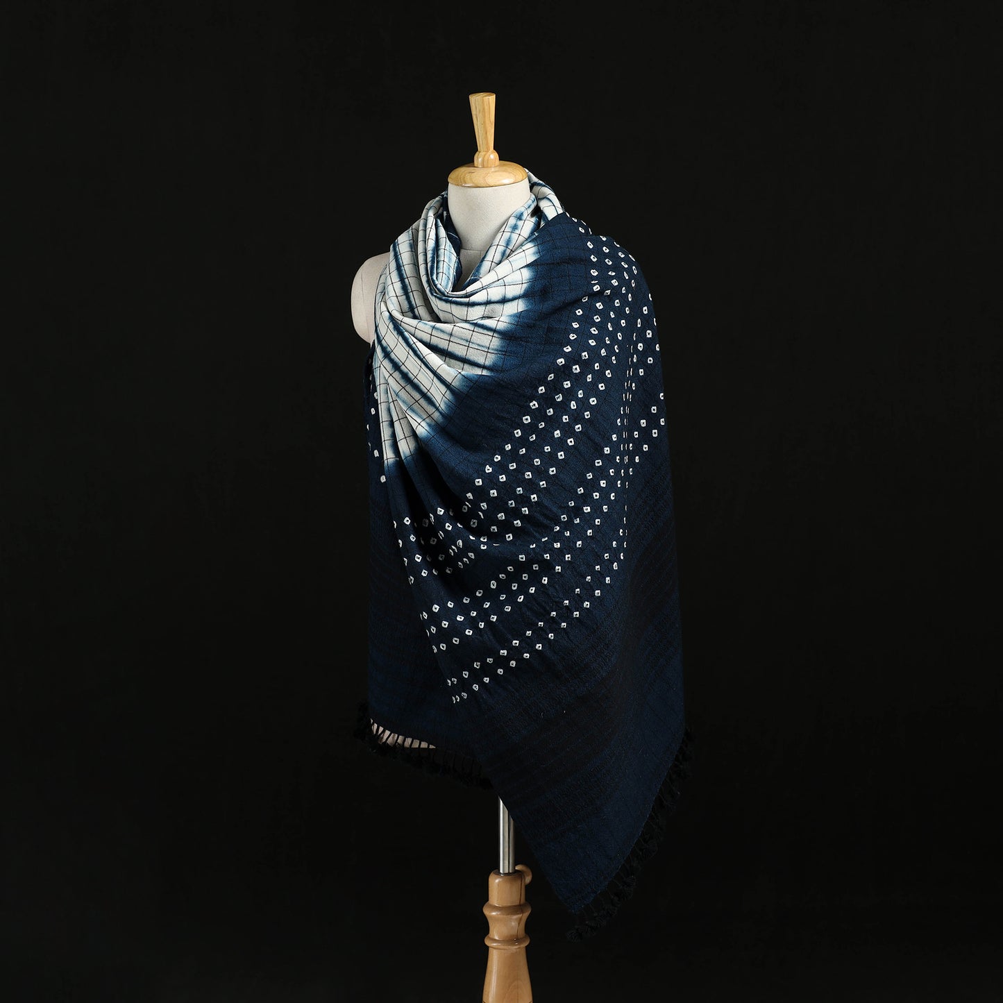 Kutch Handwoven Clamp Dyed Checks Bandhani Merino Wool Shawl 12