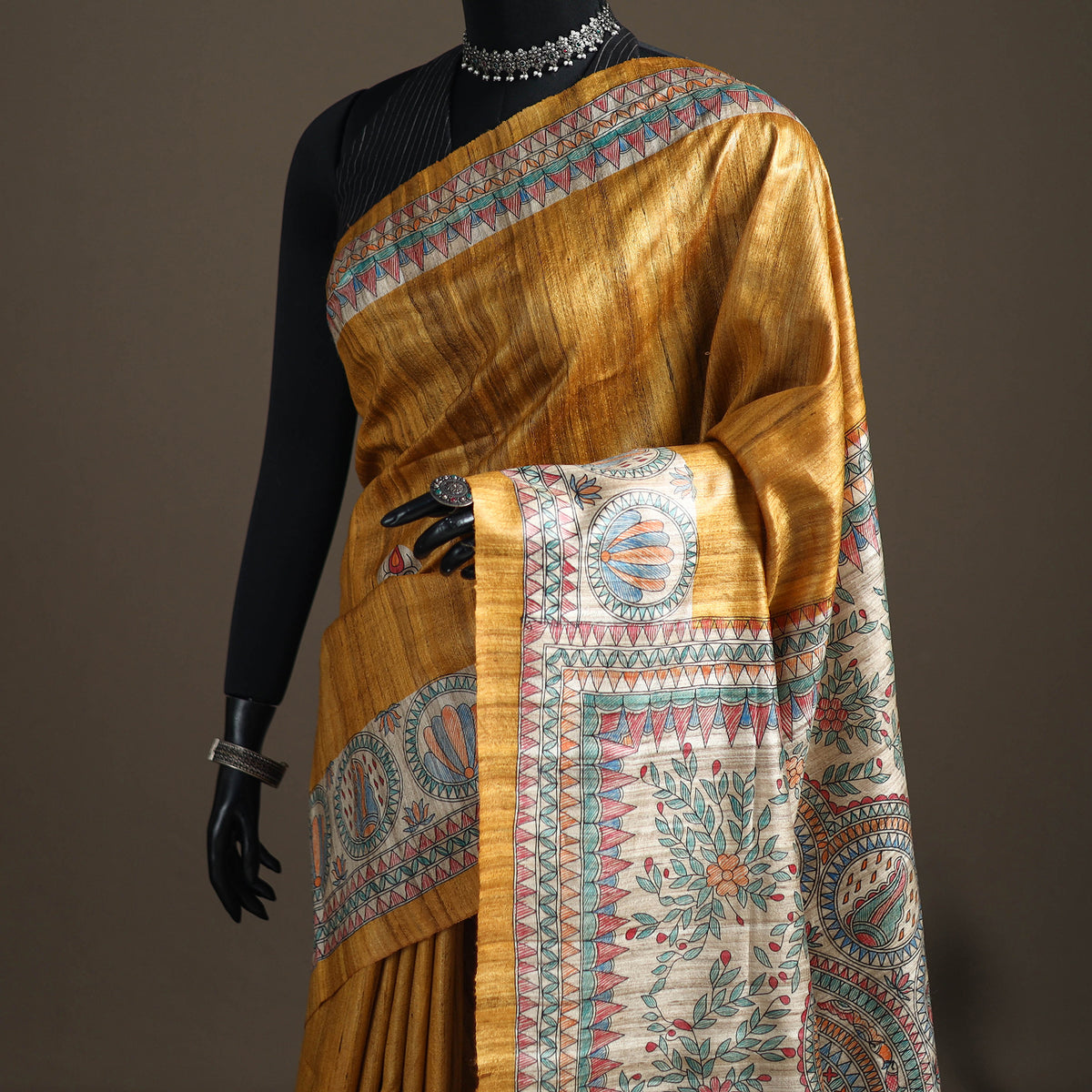 Yellow - Madhubani Handpainted Pure Ghicha Tussar Silk Handloom Saree 06