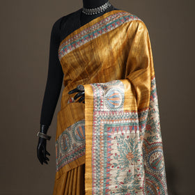 Yellow - Madhubani Handpainted Pure Ghicha Tussar Silk Handloom Saree 06