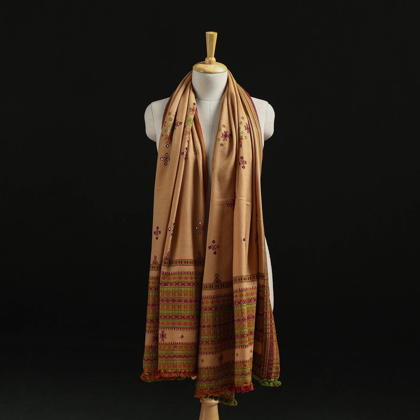 Kutch Handwoven Mirror Work Chomuk Buta Acrylic Wool Shawl 09