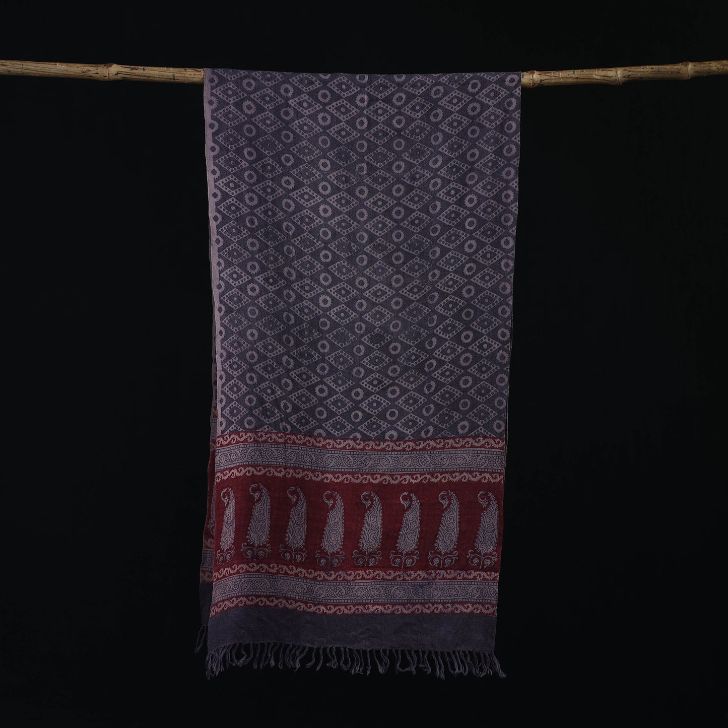 Handwoven Merino Wool Natural Dyed Hand Block Bagh Print Stole 03