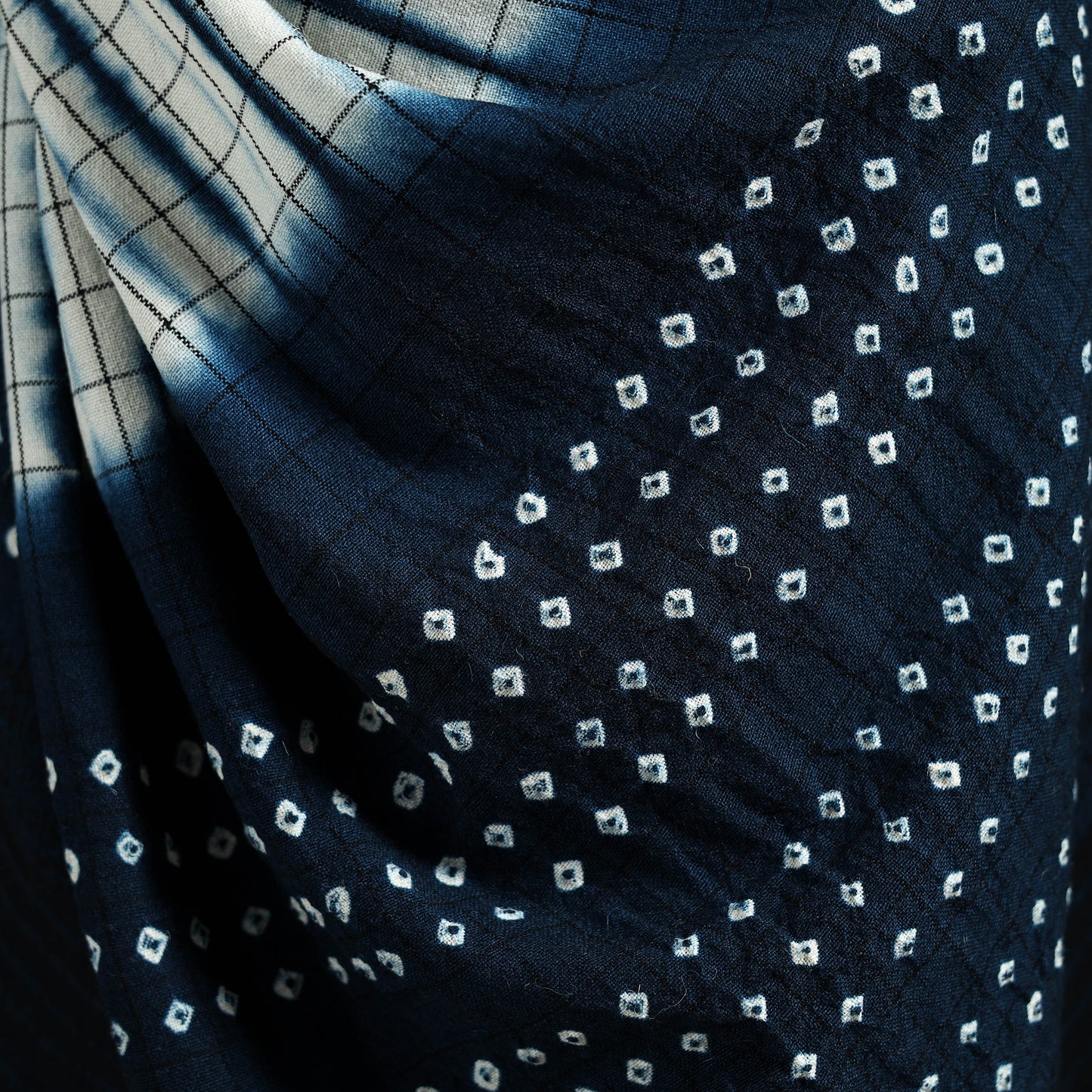 Kutch Handwoven Clamp Dyed Checks Bandhani Merino Wool Shawl 12