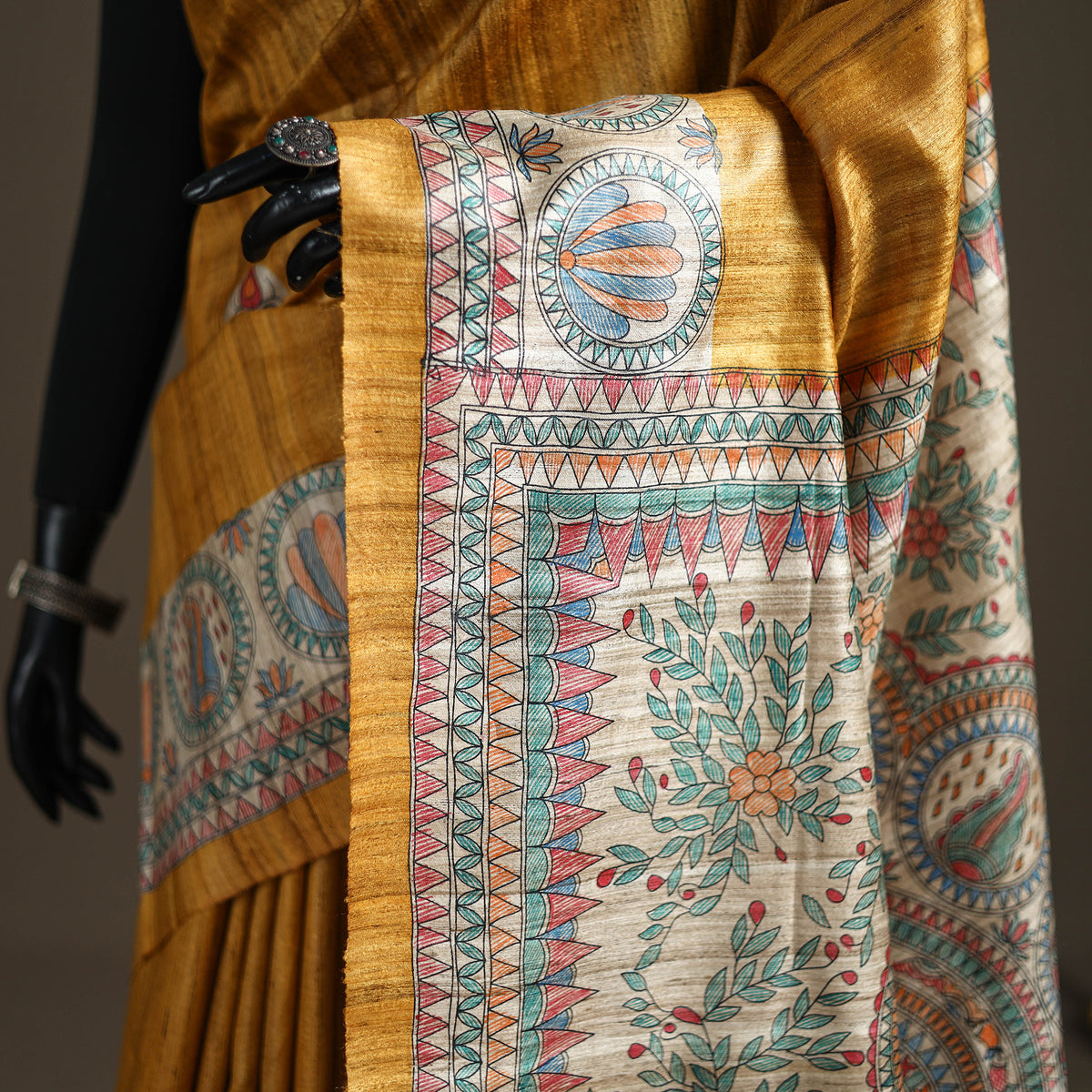 Yellow - Madhubani Handpainted Pure Ghicha Tussar Silk Handloom Saree 06