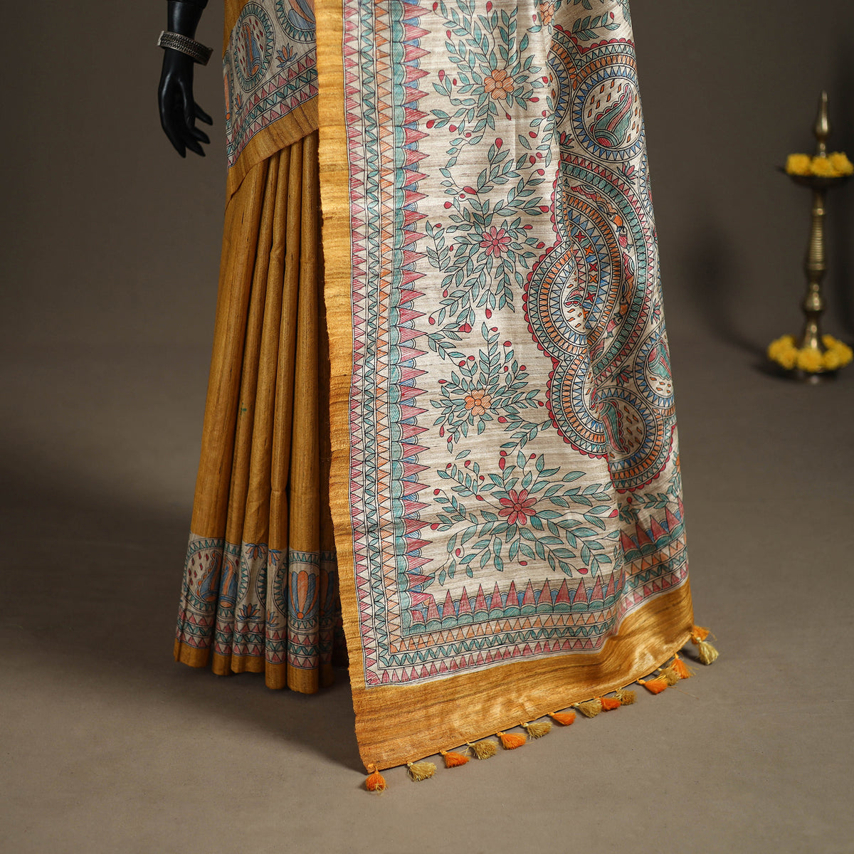 Yellow - Madhubani Handpainted Pure Ghicha Tussar Silk Handloom Saree 06