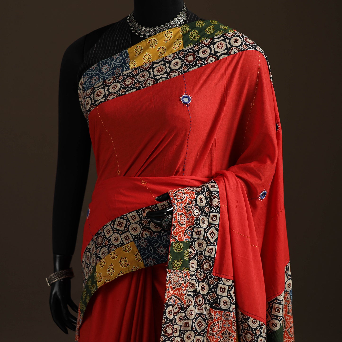Ajrakh Hand Block Print Patchwork Pure Mul Cotton Saree 17