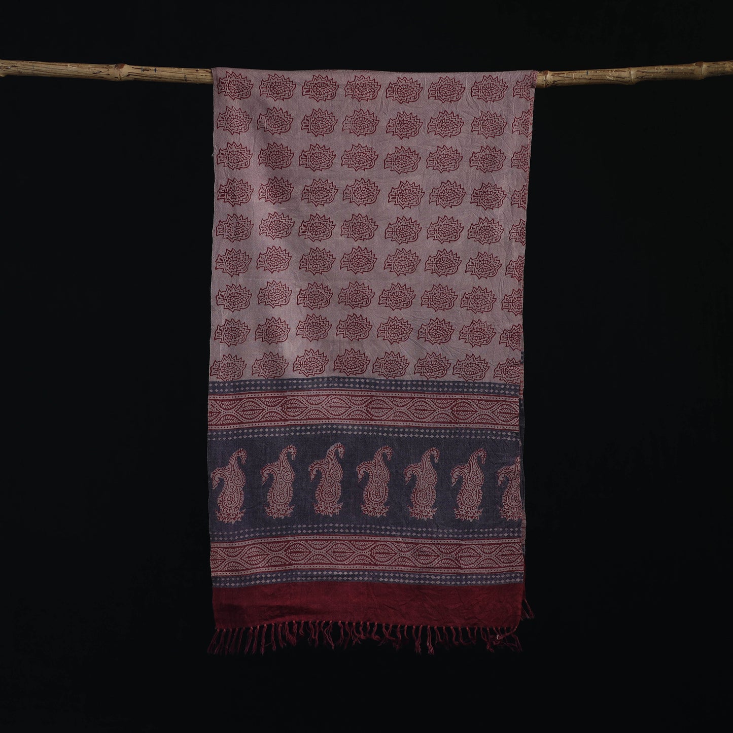 Handwoven Merino Wool Natural Dyed Hand Block Bagh Print Stole 06